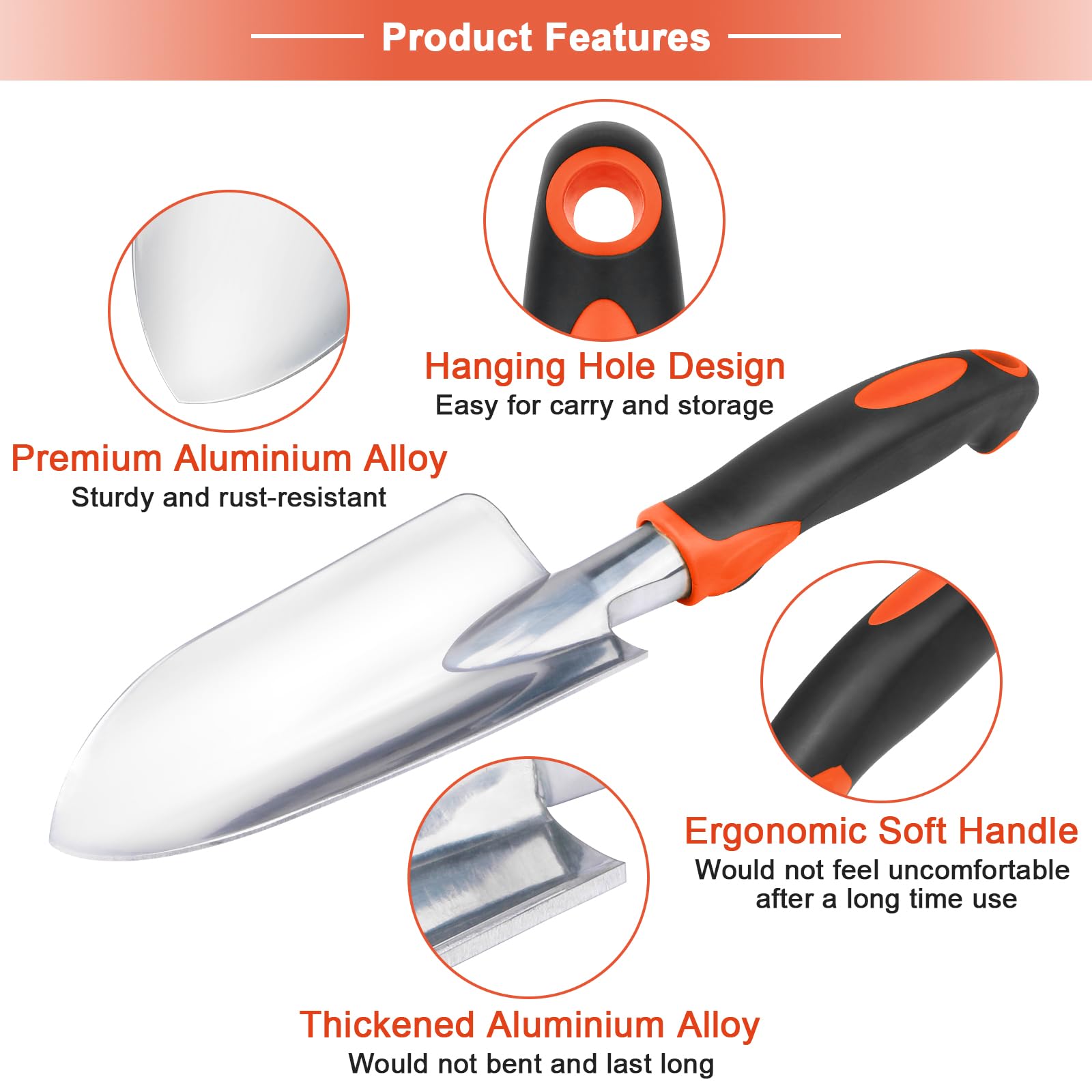 Garden Tools Set, 3 Pack Heavy Duty Gardening Tools Set Include Garden Shovel, Transplant Trowel and Hand Rake with Ergonomic Non-Slip Handle, Aluminum Alloy Lawn for Planting, Orange