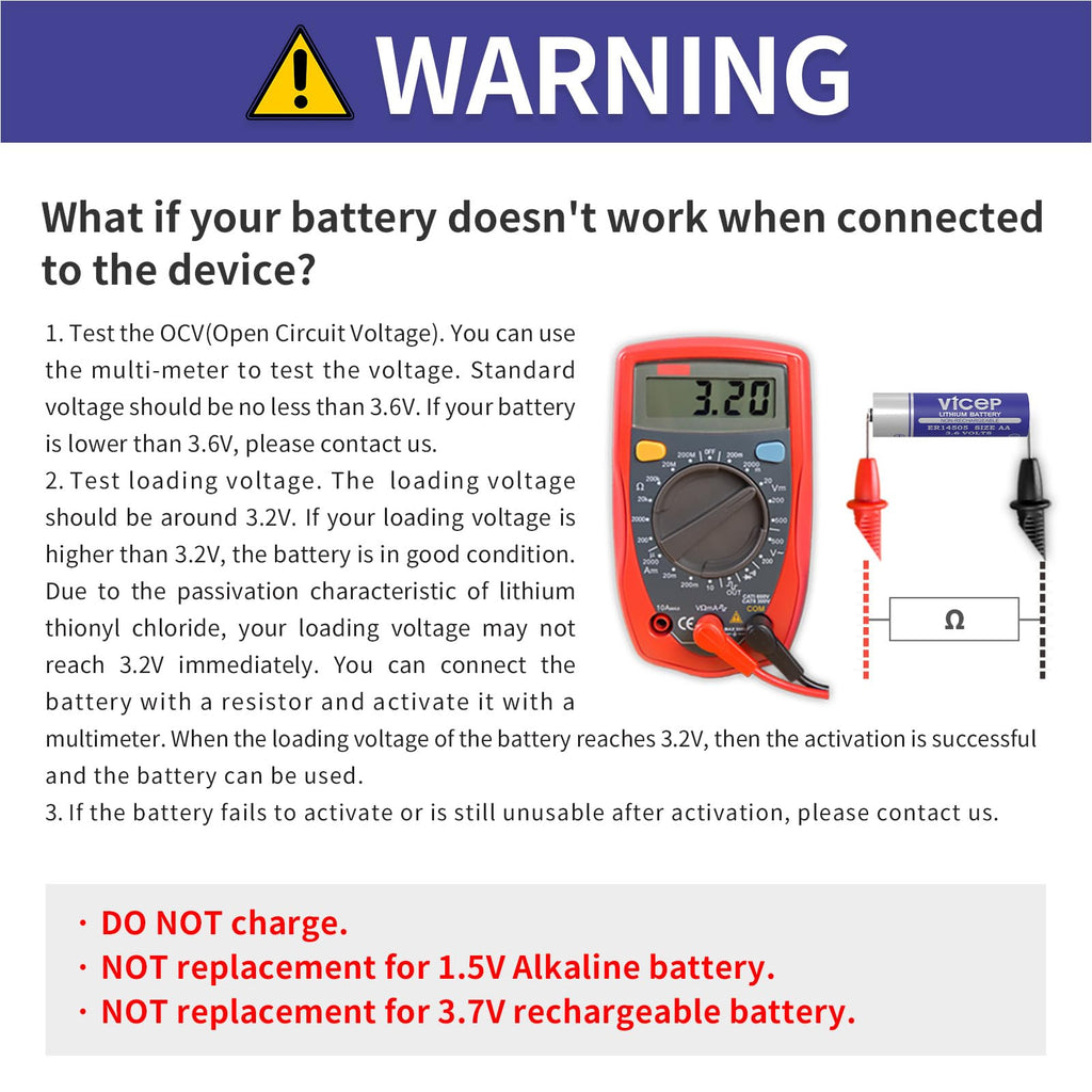 ViCep 6-Pack ER14505 3.6V AA Lithium Battery Li-SOCL₂ 2700mAh LS14500 TL-5903 for Home Security System, Meter Reading System, PLC, Non-Rechargeable