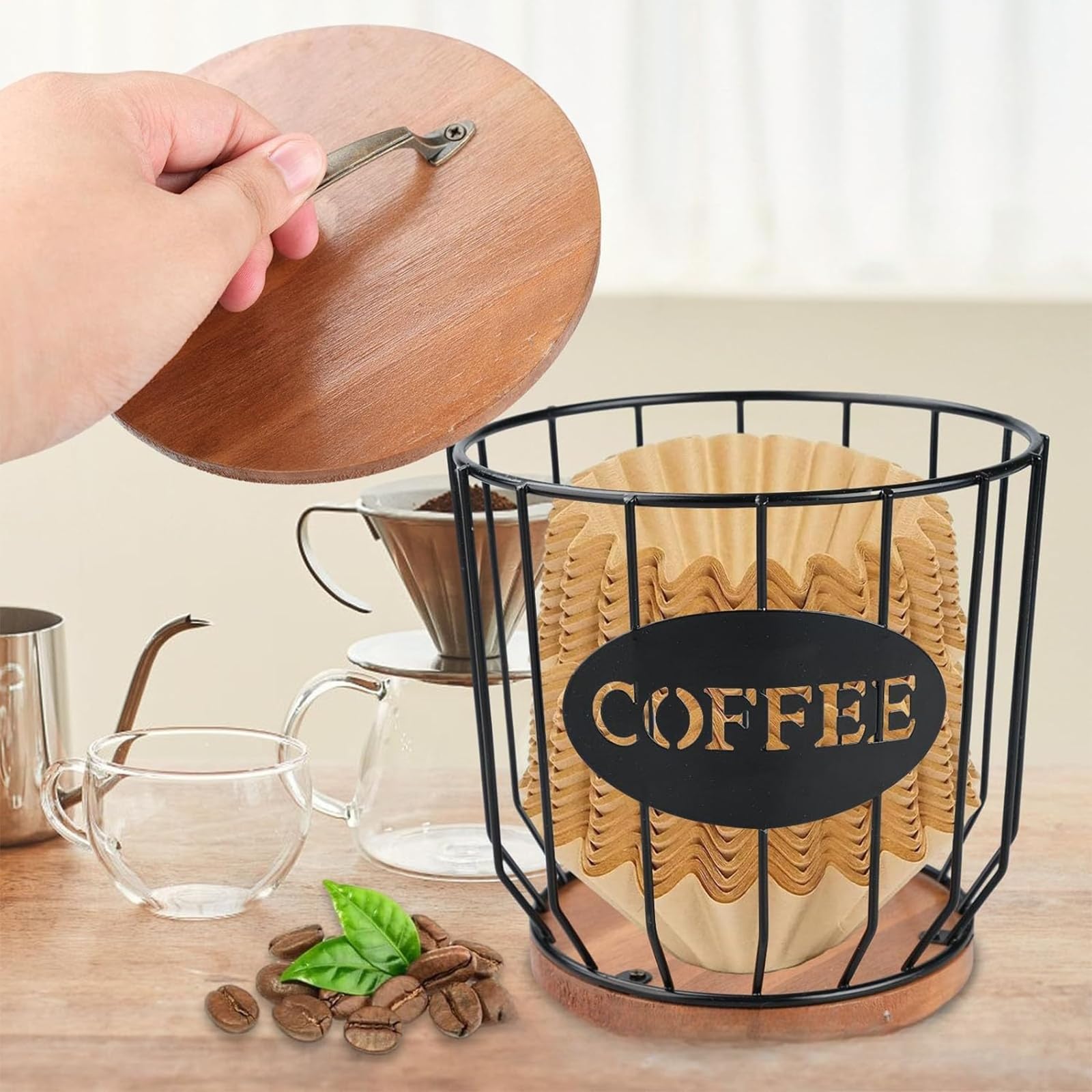MYTOAU Coffee Pod Holder with Lid, Large Capacity K Cup Holder, Rustic Wooden Base, Black Wire Storage Basket for Kitchen Countertop, Coffee Bar Organizer