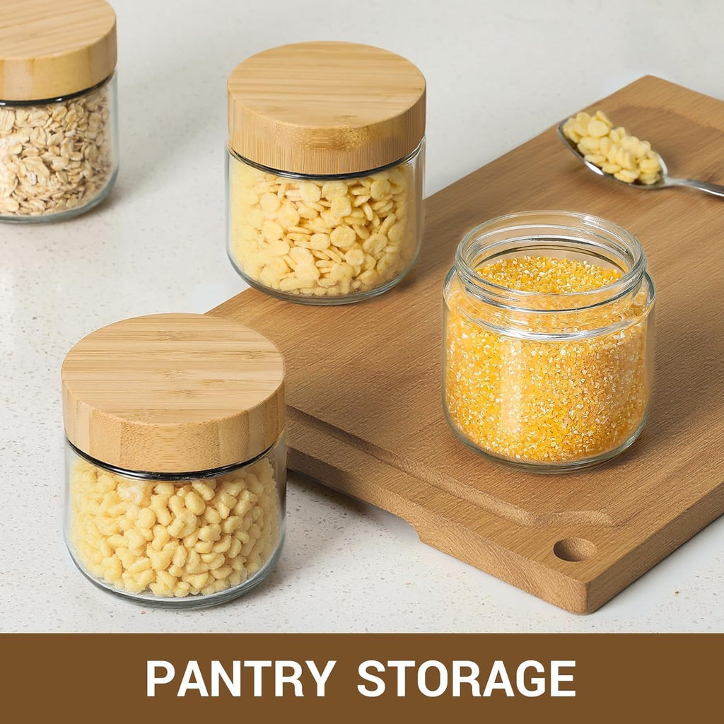 Oillase 4-pack 10oz Glass jars with Airtight Lids, Overnight Oats Containers with Bamboo Lids, Wide mouth Mason Salad jars, Glass Food Storage Containers for Snacks Yogurt Spice Sugar