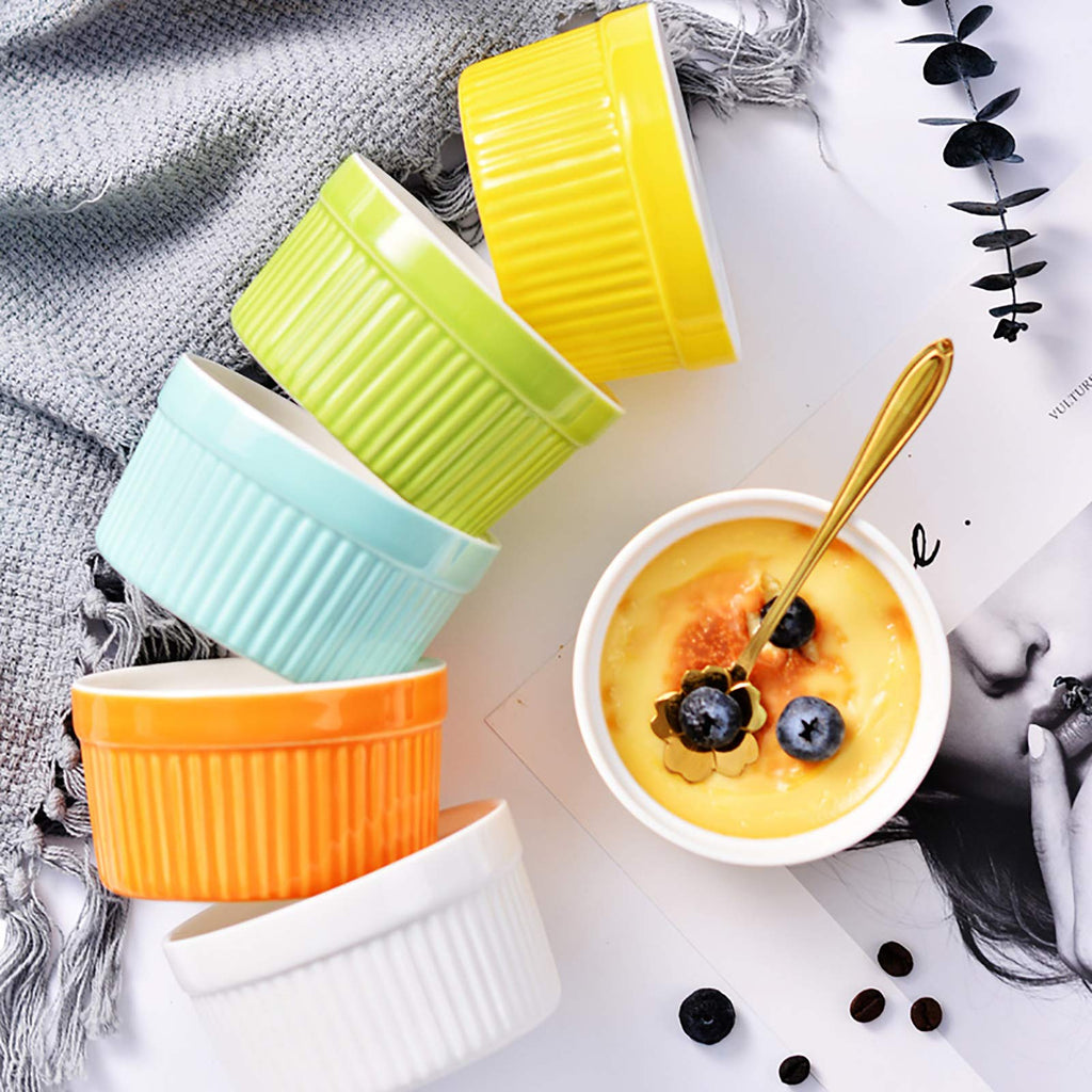 Foraineam 12 Pack 6 oz Ramekins Bakeware 6 Colors Porcelain Souffle Dishes Dessert Custard Baking Cups for Souffle, Creme Brulee and Ice Cream