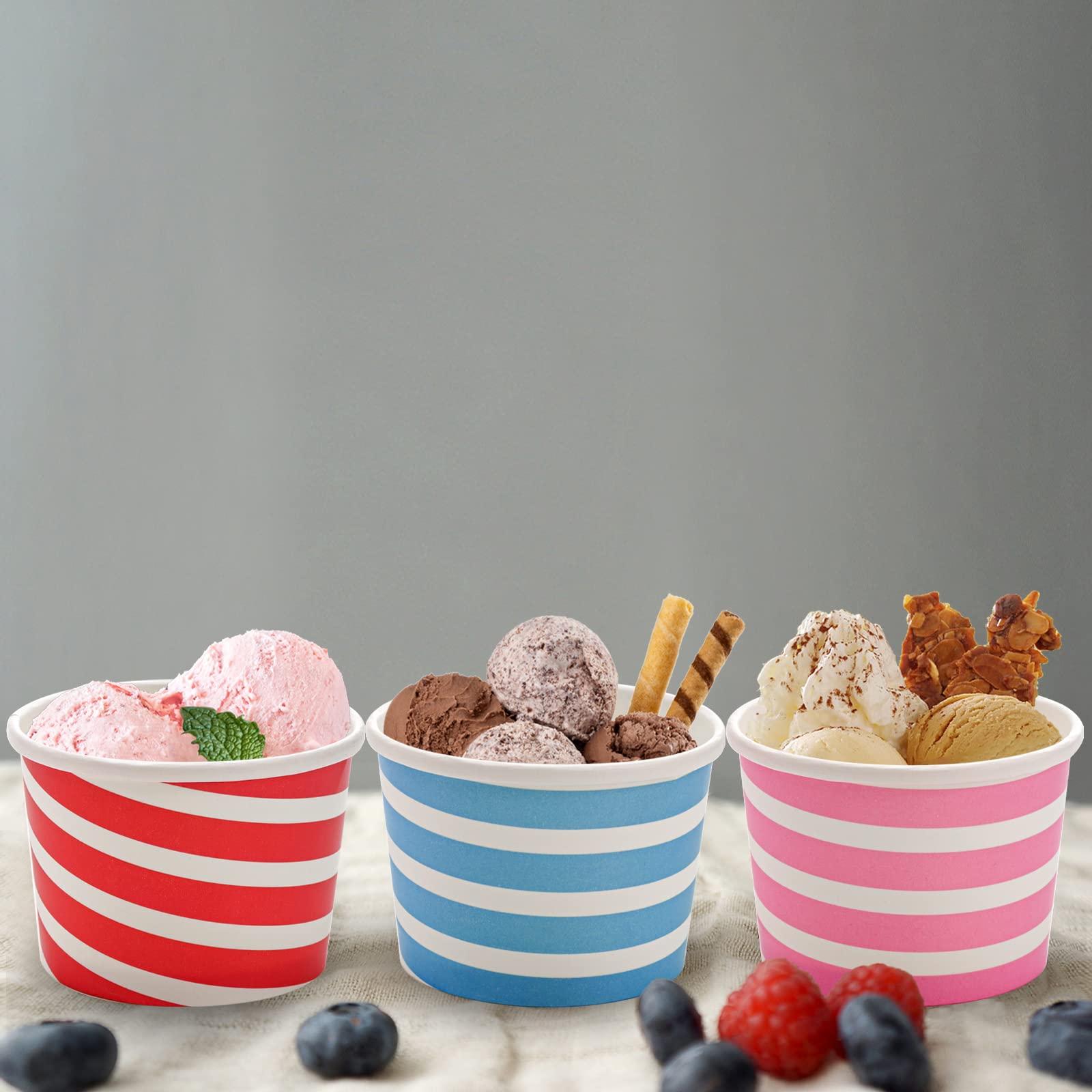 Hacaroa 150 Count 240 ml Paper Ice Cream Cups, Disposable Dessert Bowls Sundae Cup Party Supplies Treat Cups for Frozen Yogurt, Hot and Cold Food, 3 Colors Stripes
