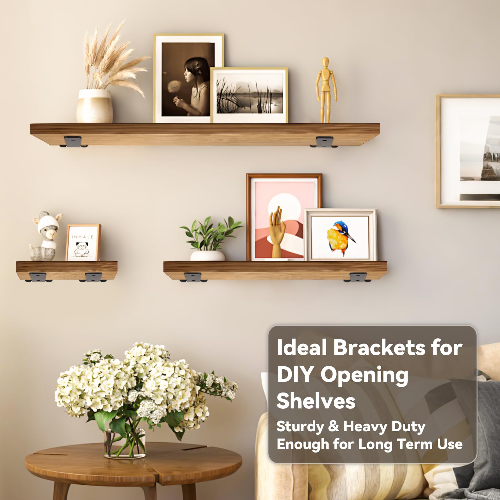 Floating Shelf Brackets 2 PCS of 4/5/6/8 inch Heavy Duty Industrial Shelf Bracket Black Metal L Brackets for Shelves Support DIY (Black, 2PCS-8 Inch)