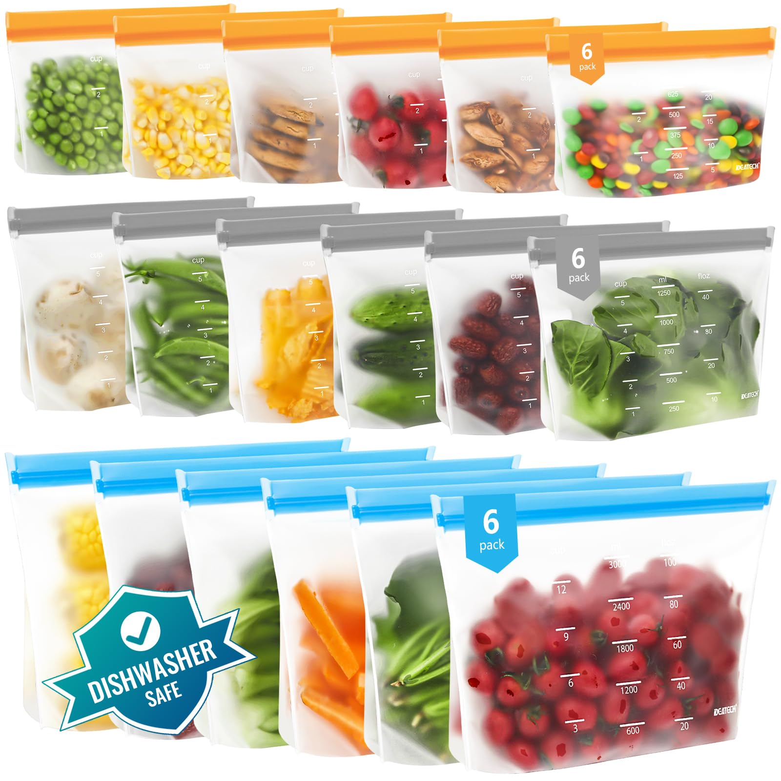 Dishwasher Safe Reusable Storage Bags Stand Up - BPA Free PEVA Reusable Sandwich Bags - Leakproof Gallon Freezer Bags, Silicone Food Storage Bags (18 Pack- 6Gallon + 6Sandwich + 6Snack)