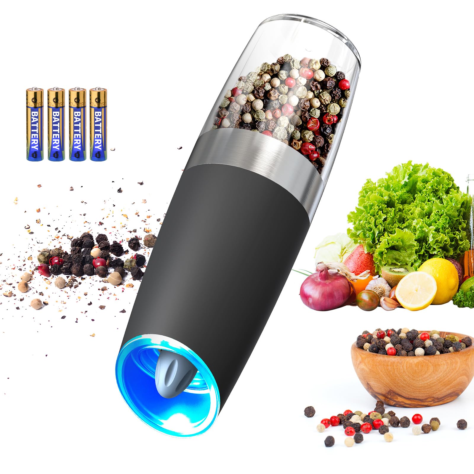 CIRCLE JOY Electric Pepper Grinder Gravity Sensor Automatic Pepper Mill Grinder with Adjustable Coarseness, Led Light, Battery Operated with 135ml Capacity