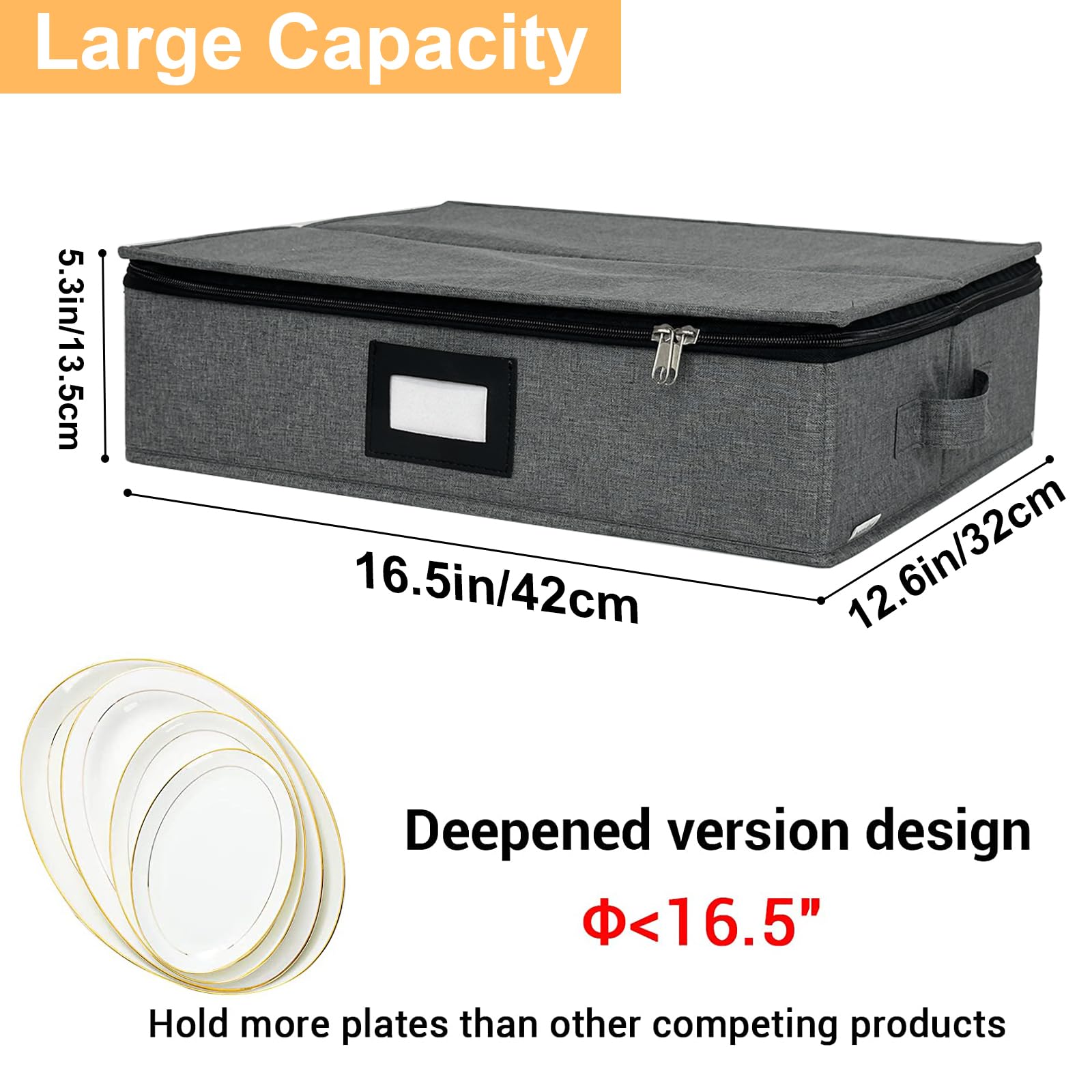Platter Storage Case - Stackable China Storage Containers Hard Shell with Durable Zipper & Label & Sturdy Handles, 5.3” Height, Structured Top, 4 Felt Dividers Included