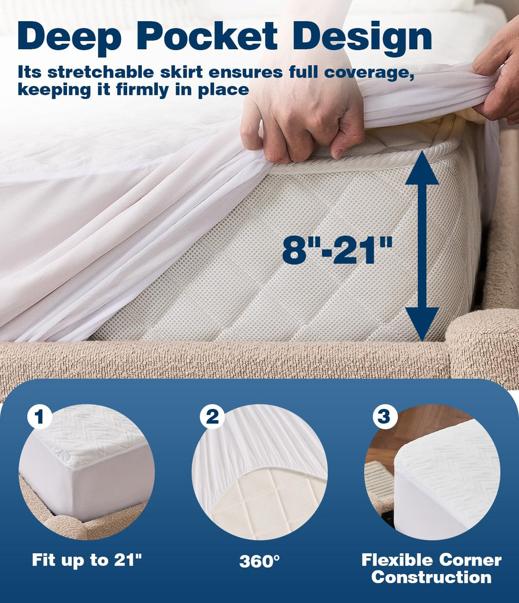 PAYHUIN Waterproof Mattress Protector Twin Size, Soft Breathable Mattress Pad with Deep Pocket 8"-21", Noiseless 3D Air Fabric Cooling Mattress Cover for Bed, Machine Washable, White