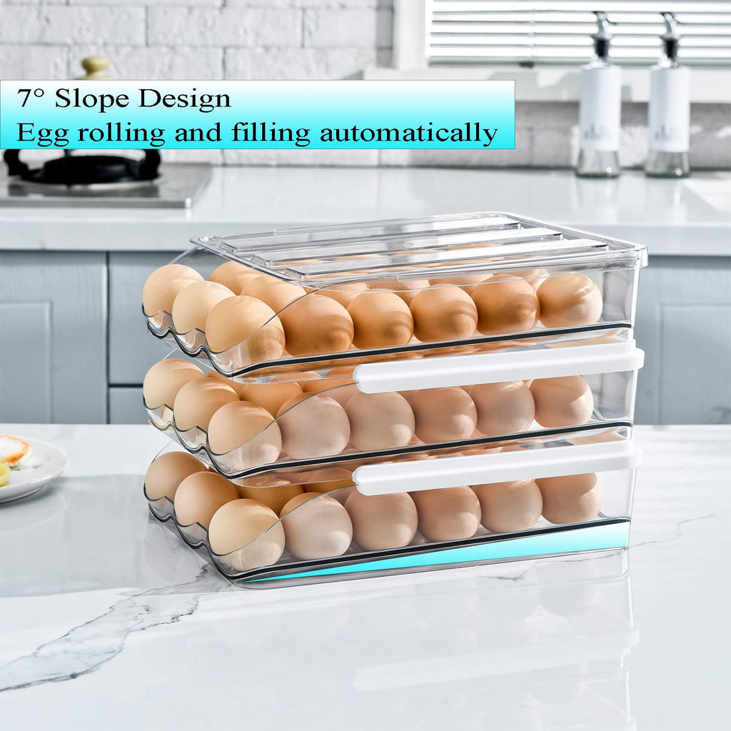 2-Tier Auto Rolling Egg Storage Container for Refrigerator, Clear Plastic Egg Tray with Lids, Large Capacity Kitchen Fridge Organizer Bin for 36 Eggs