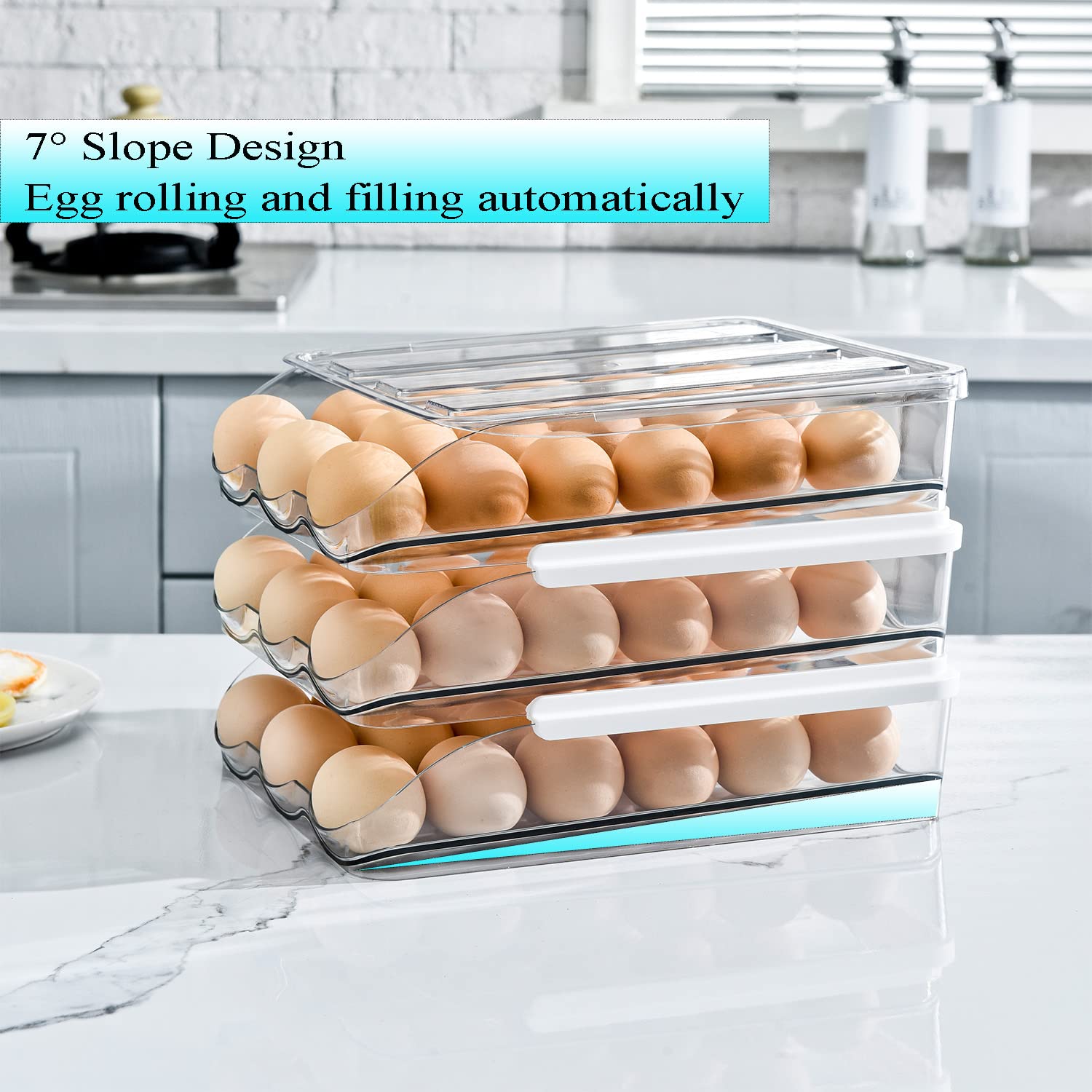 2-Tier Auto Rolling Egg Storage Container for Refrigerator, Clear Plastic Egg Tray with Lids, Large Capacity Kitchen Fridge Organizer Bin for 36 Eggs