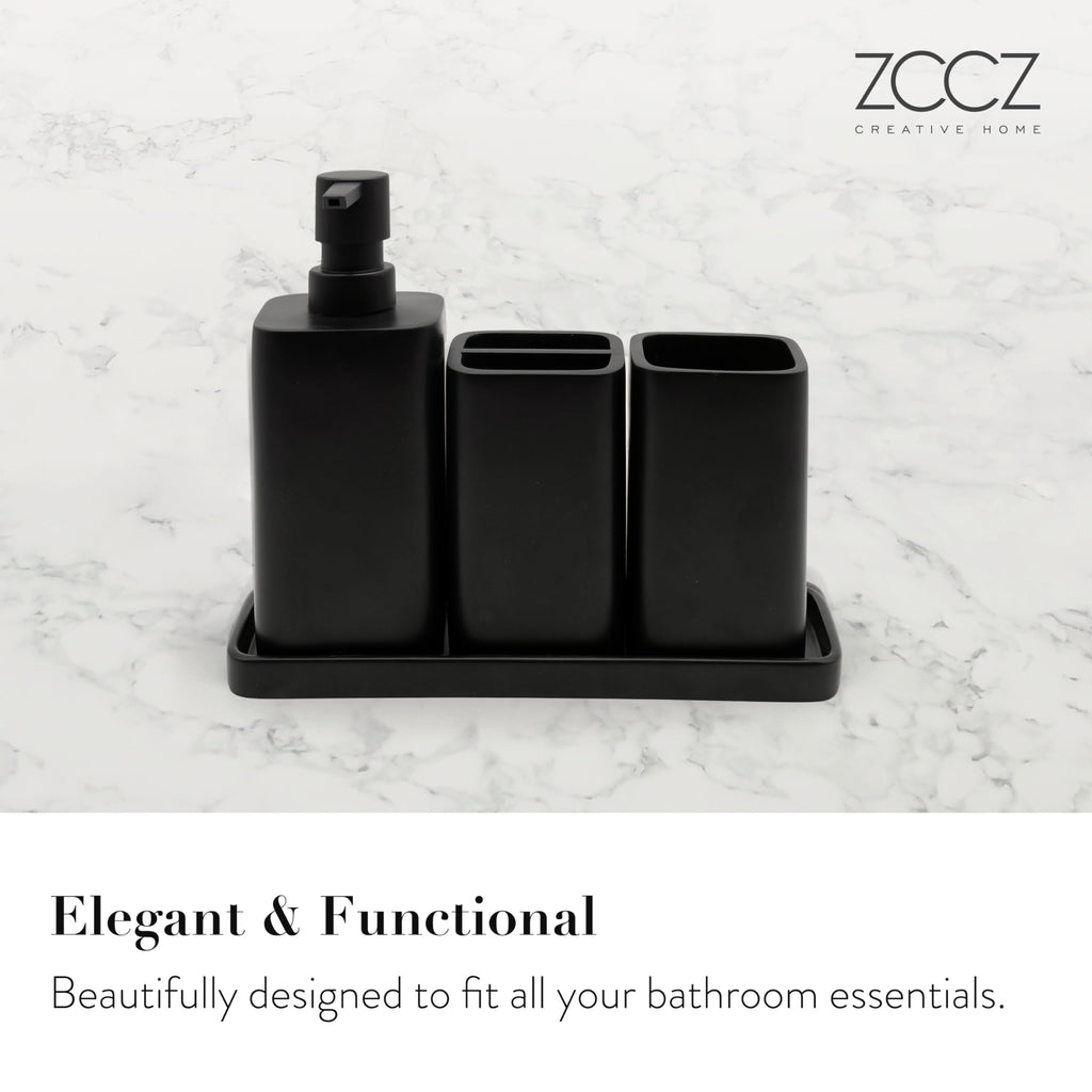 zccz Black Matte Bathroom Accessory Set - Bathroom Set with Toothbrush Holder, Soap Dispenser, Tumbler and Tray - Bathroom Soap Dispenser Set - Accessoire Salle de Bain - Black Bathroom Accessories