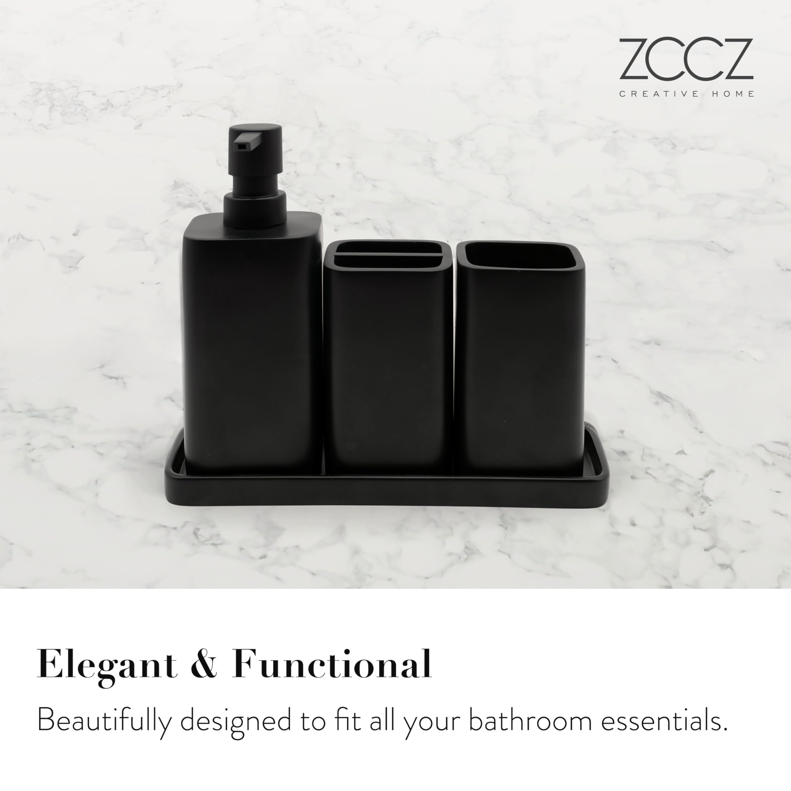 zccz Black Matte Bathroom Accessory Set - Bathroom Set with Toothbrush Holder, Soap Dispenser, Tumbler and Tray - Bathroom Soap Dispenser Set - Accessoire Salle de Bain - Black Bathroom Accessories