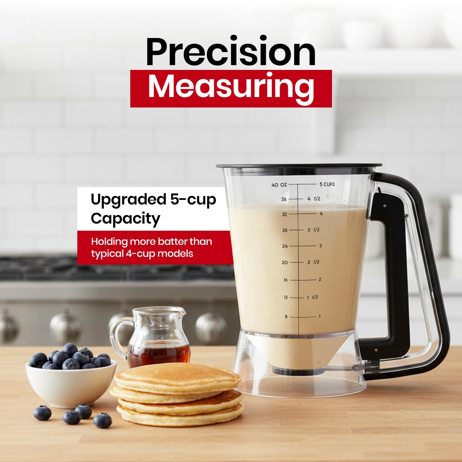 Eggssentials Pancake Dispenser for Batter - Pancake Mix Dispenser Cupcakes, and Muffins – Precision, Mess Free – Cake Mix Dispenser Bottle for Baking & Griddle - New Design Black Color