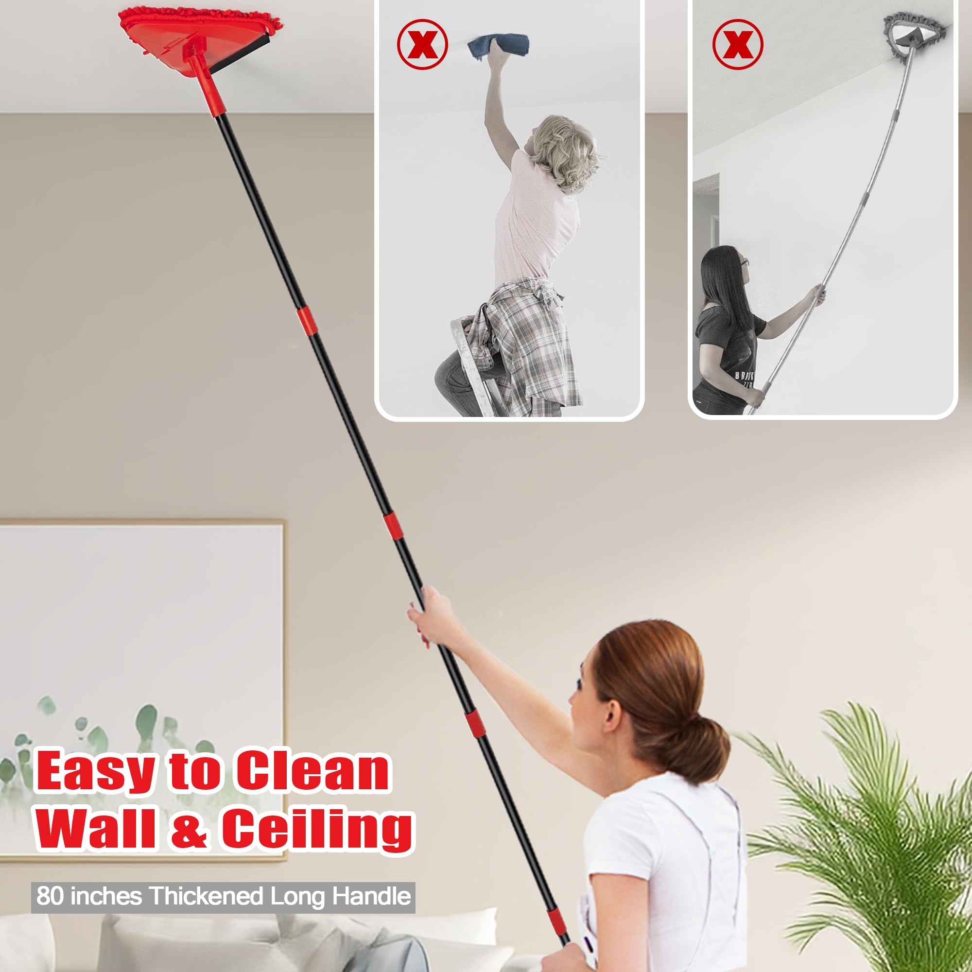 NEWE Wall Mop Cleaner, 80 inches Long Handle, 180° Folding Ceiling Cleaning Tool with Squeegee for Washing Painted Walls, Triangle Baseboard Scrubber with 3 Chenille Duster and 3 Microfiber Pads (Red)