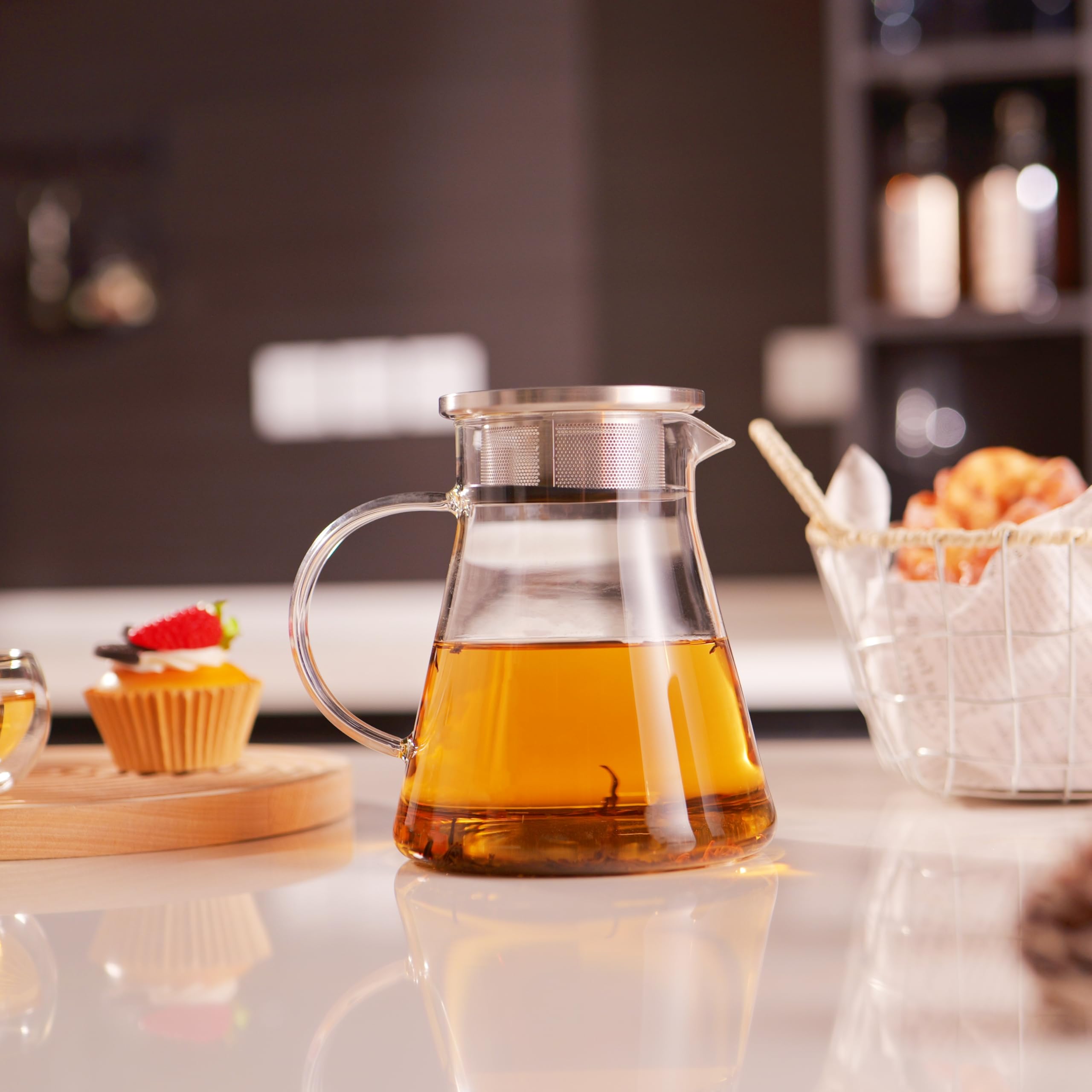 CNGLASS 40oz/1200ml Glass Teapot Stovetop Safe,One-Touch Clear Tea Kettle,Blooming and Loose Leaf Tea Maker Set