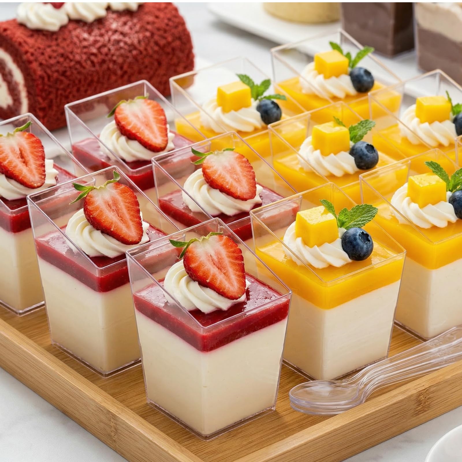 Okllen 100 Pack 3 Oz Mini Dessert Cups with Spoons, Clear Slanted Square Dessert Tumbler Thick Plastic Shot Glasses, Appetizer Parfait Cups Small Serving Bowls for Ice Cream, Puddings, Tasting Party