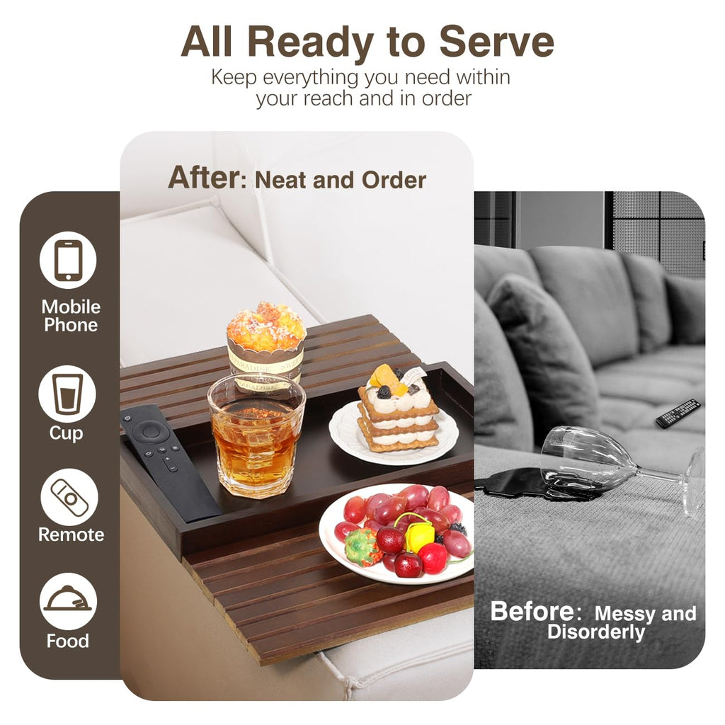 Kssiaz Couch Arm Tray, Bamboo Sofa Tray Table, Sofa Armrest Table, Anti-Slip Armrest Organizer, Foldable Couch Cup Holder for Snacks, Phone, Control, Cups, Brown
