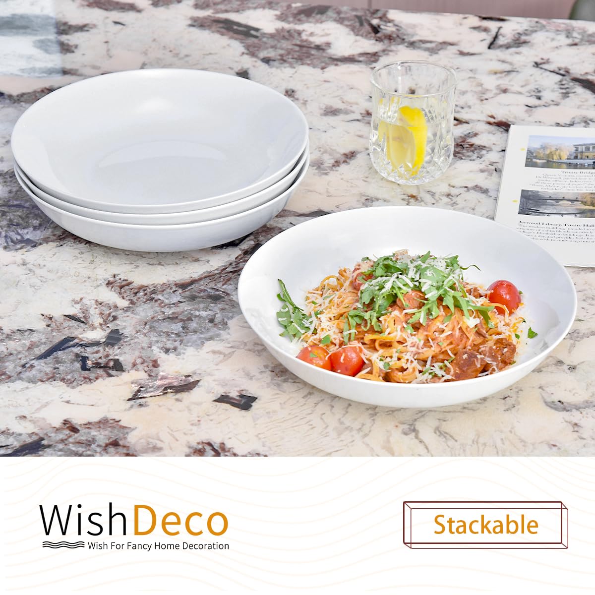 WishDeco White Pasta Bowls Set of 4, Porcelain Salad Bowls 37 oz / 1100 ml, Wide and Shallow Serving Bowl 9 Inch / 23 cm, Large Pasta Plates, Serving Dishes for Soup, Dinner, Microwave Safe