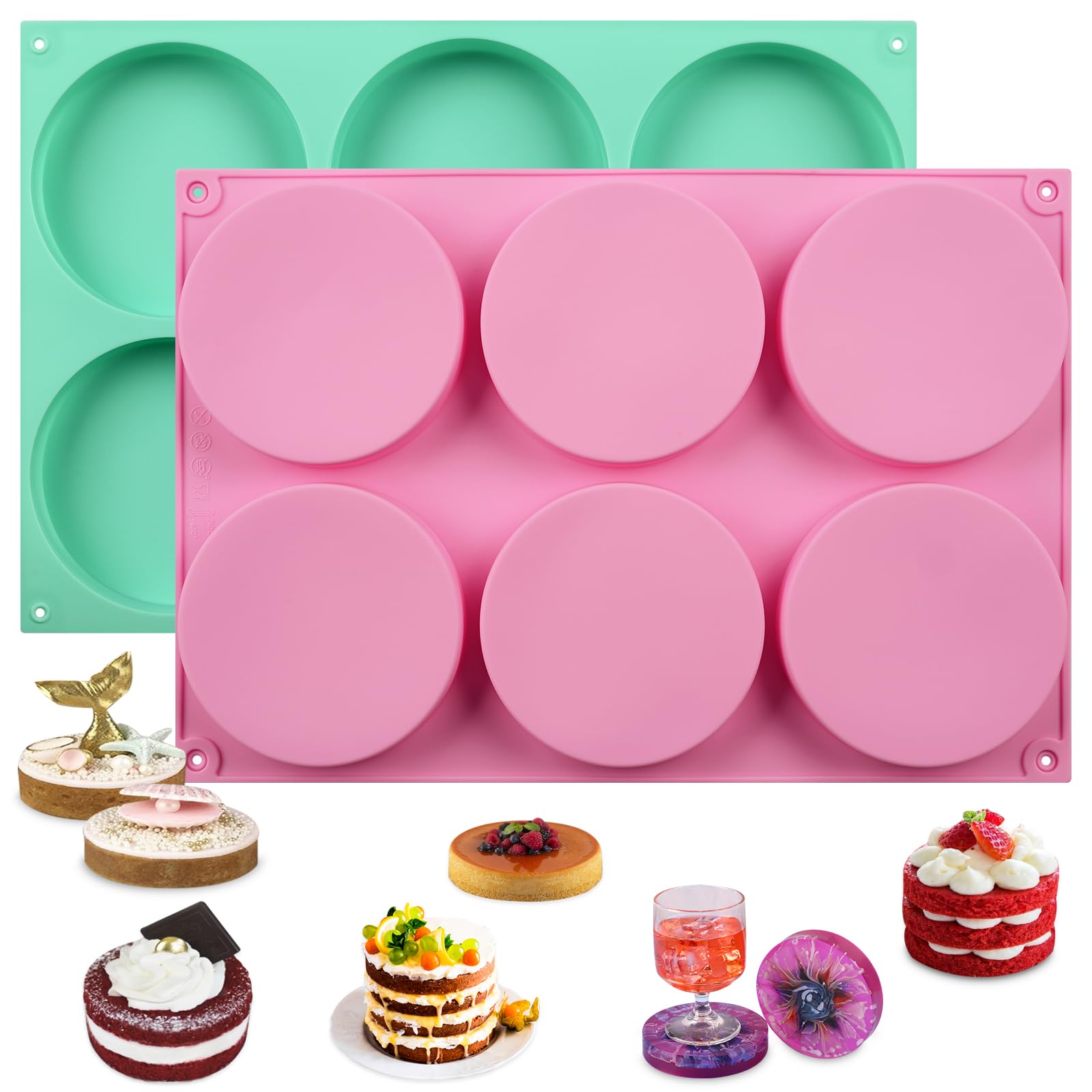 HUAKENER 2 Pcs Silicone Molds for Baking, 6-Cavity Large Round Silicone Baking Mold, Non-Stick Muffin Top Pan/Whoopie Pie Pan/Cake Pan/Egg Pan for Cake Muffin Dessert Hamburger Sandwiches Making