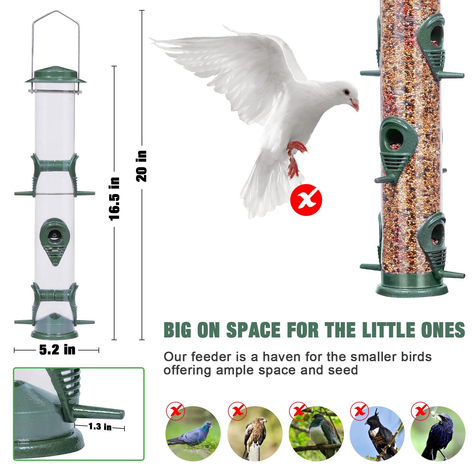 ERYTLLY Metal Bird Feeders 6 Port Tube Bird Feeder for Wild Birds, 1.4mm Extra Thick Solid Tube Transparent with Steel Hanger Bird Feeders Squirrel Proof for Outside Green