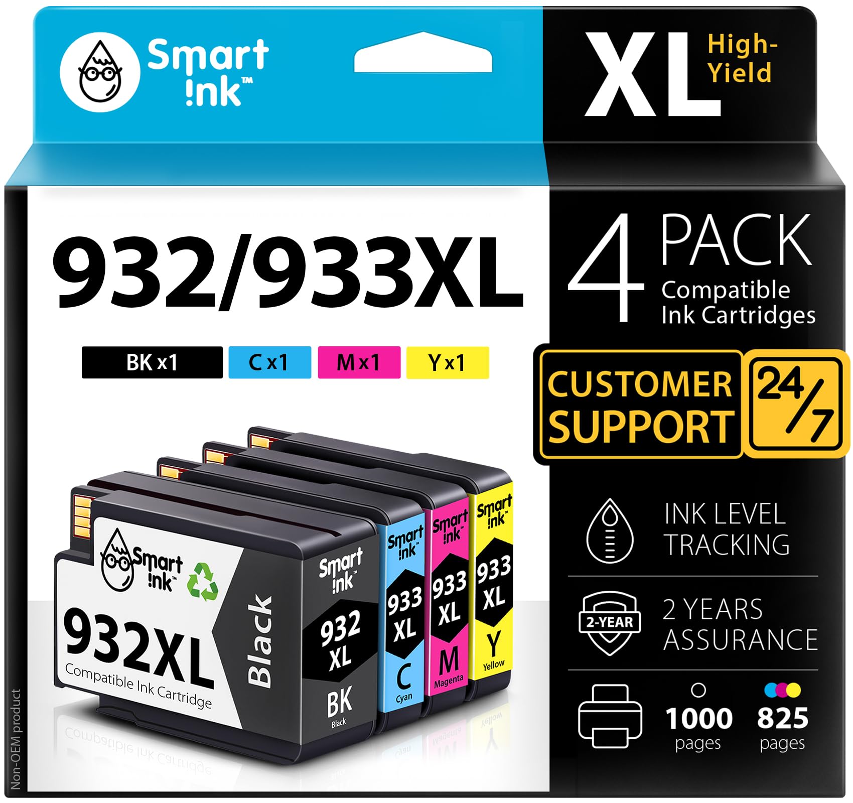 Smart Ink Compatible Ink Cartridge Replacement for HP 932 XL 933 XL 932XL 933XL High Yield 4 Pack (Black & C/M/Y) Ink Cartridges High Capacity for HP Officejet 6600 6100 6700 7110 7610 7612 Printers