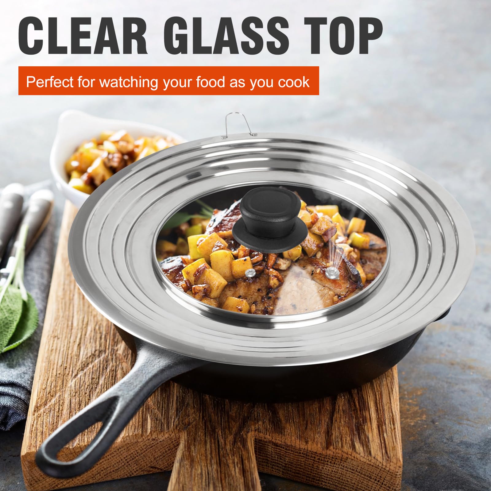 Universal Lid for Pots and Pans Skillets, Pan Cover with Tempered Glass Top Fits 6,7,8 Inch & 8.2, 9, 10, 11, 12 Inch Cookware, Stainless Steel Replacement Frying Pan Cover, Cast Iron Lids
