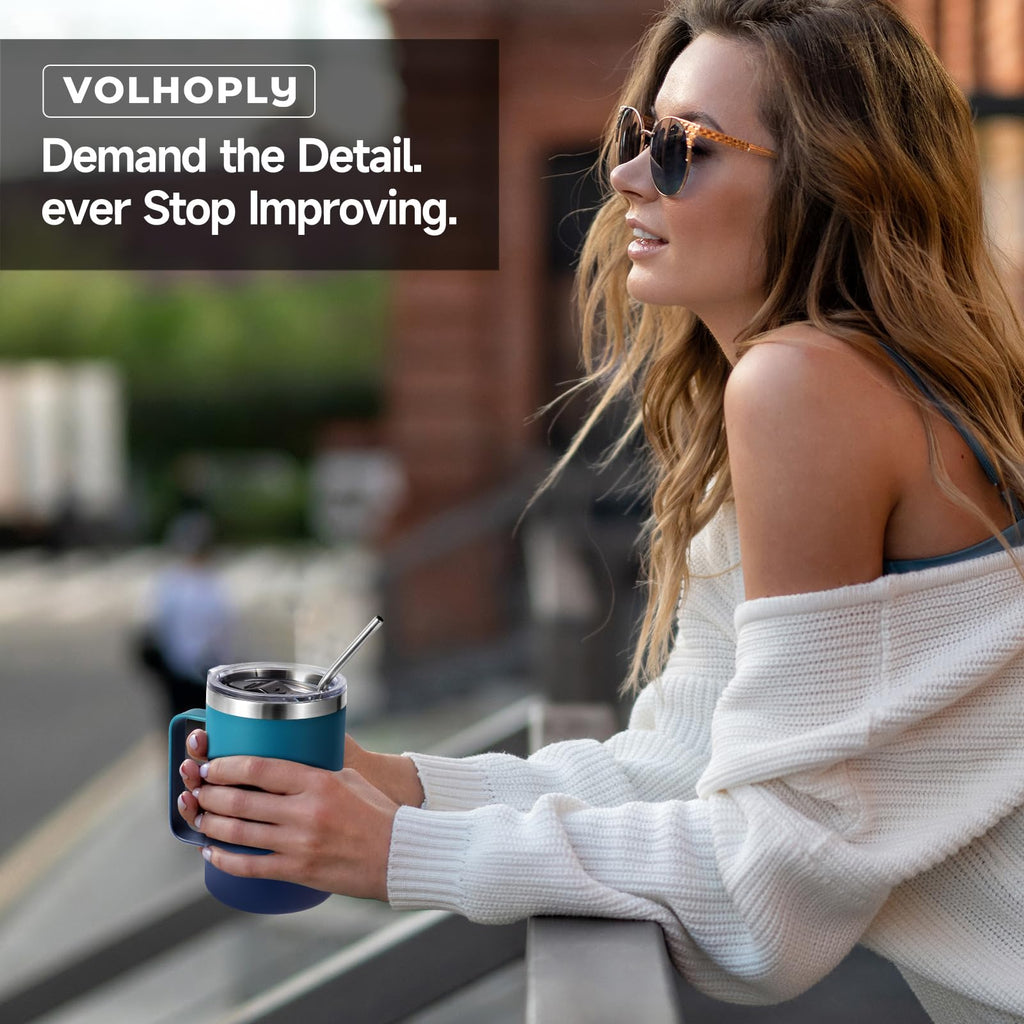 Volhoply 16oz Insulated Stainless Steel Coffee Mugs with Leakproof Lid Bulk 2 Pack,Double Wall Vacuum Travel Coffee Cup with Handle,Reusable Metal Tumbler,Camping Mug Keep Hot&Cold(Mixed,2)