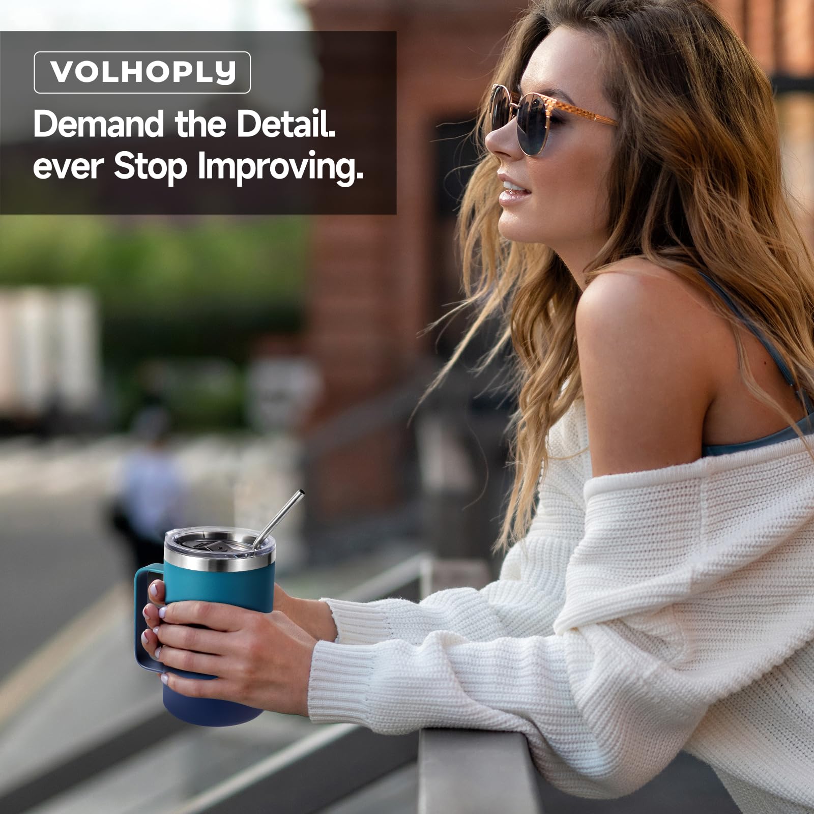 Volhoply 16oz Insulated Stainless Steel Coffee Mugs with Leakproof Lid Bulk 2 Pack,Double Wall Vacuum Travel Coffee Cup with Handle,Reusable Metal Tumbler,Camping Mug Keep Hot&Cold(Mixed,2)