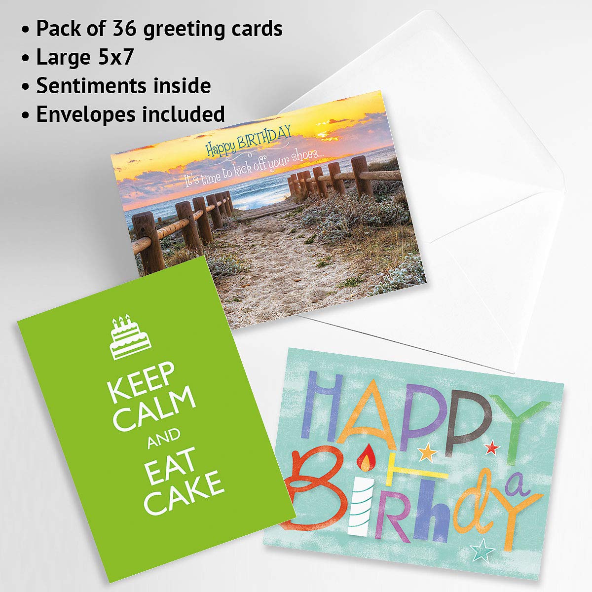 Current Mega Happy Birthday Greeting Card Value Pack – Set of 36 (18 Designs), Large 5 x 7 inches, Envelopes Included