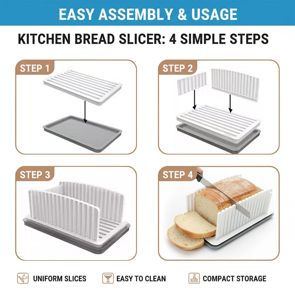 New Upgrade Bread Slicer for Homemade Bread, Adjustable Width, Foldable and Compact Cutting Guide with Crumb Tray, Suitability for Homemade Bread, Bagels, Cakes