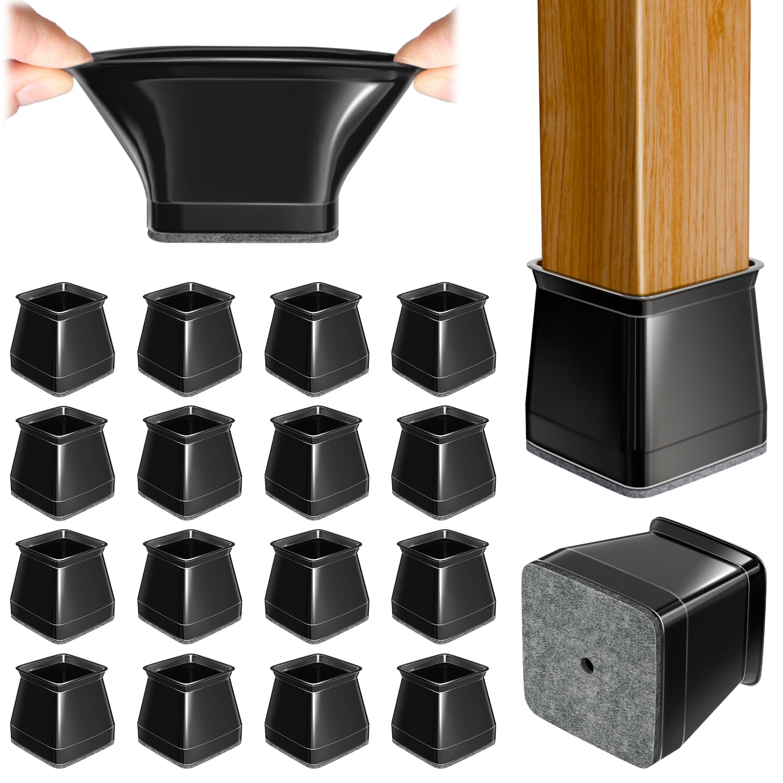 Chair Leg Floor Protectors Square 24PCS Furniture Sliders for Hardwood Floors, Silicone Chair Leg Protectors for Protecting Floors from Scratches and Noise, Black Large（1-1/16" ~ 1-5/8" (27mm-40mm)