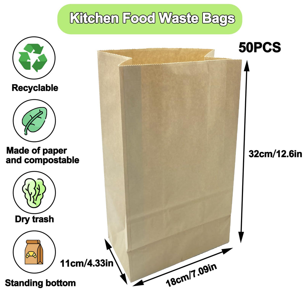 KAIHENG Kitchen Food Waste Bags, 50PCS Compostable Paper Garbage Bag, Recycling Paper Trash Bag for Dry Rubbish, Plastic Free