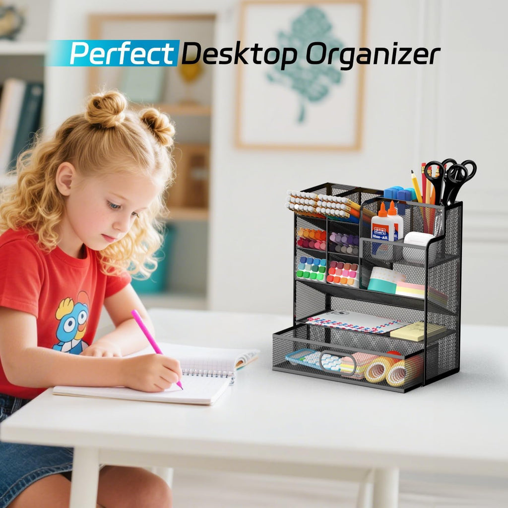 Reeplan Pen Organizer for Desk - Multi-Functional Pencil Holder with Drawer Desk Organizers, Large Capacity Storage for School Office Home Supplies (Black)