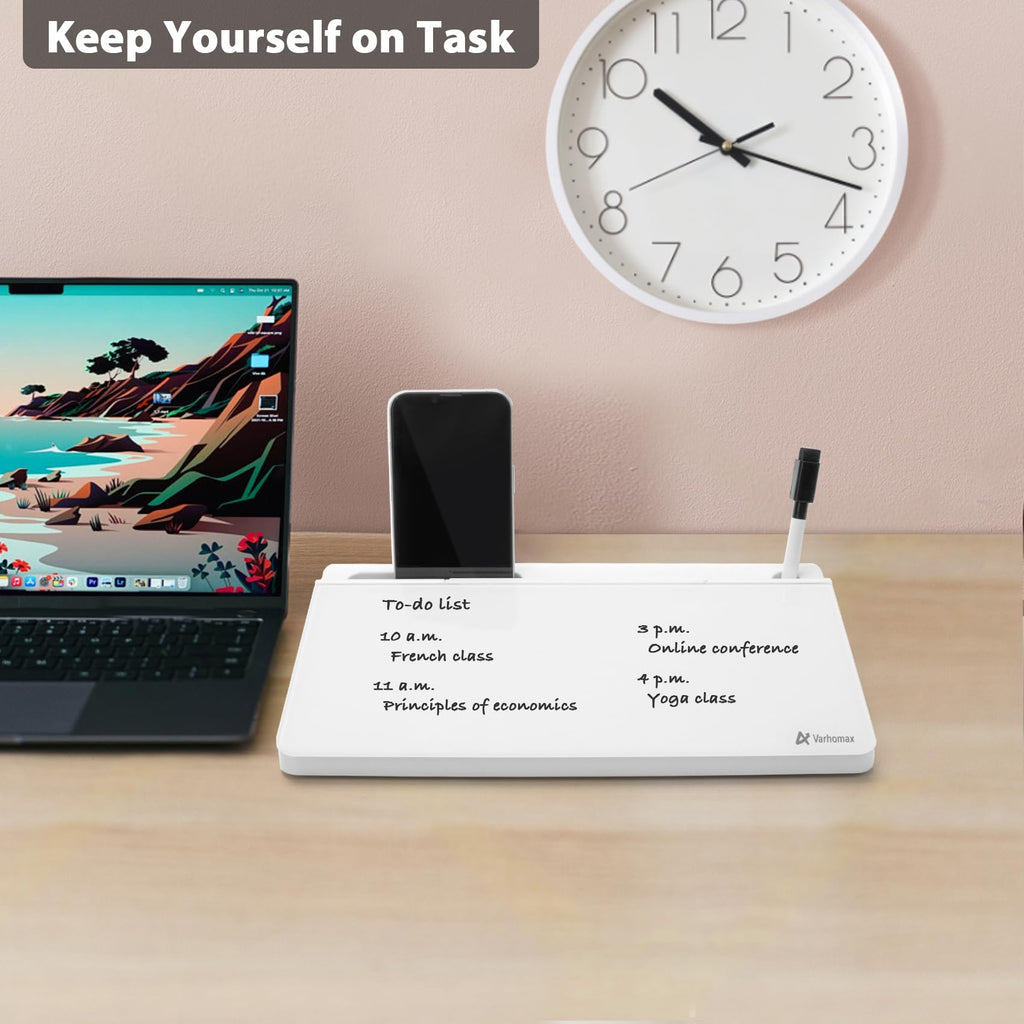 Varhomax Small Glass Desk Whiteboard, Dry Erase Desktop White Board with Storage Caddy to-do List Desk Buddy Memo Notepad for Office, School and Home Office Accessories Supplies