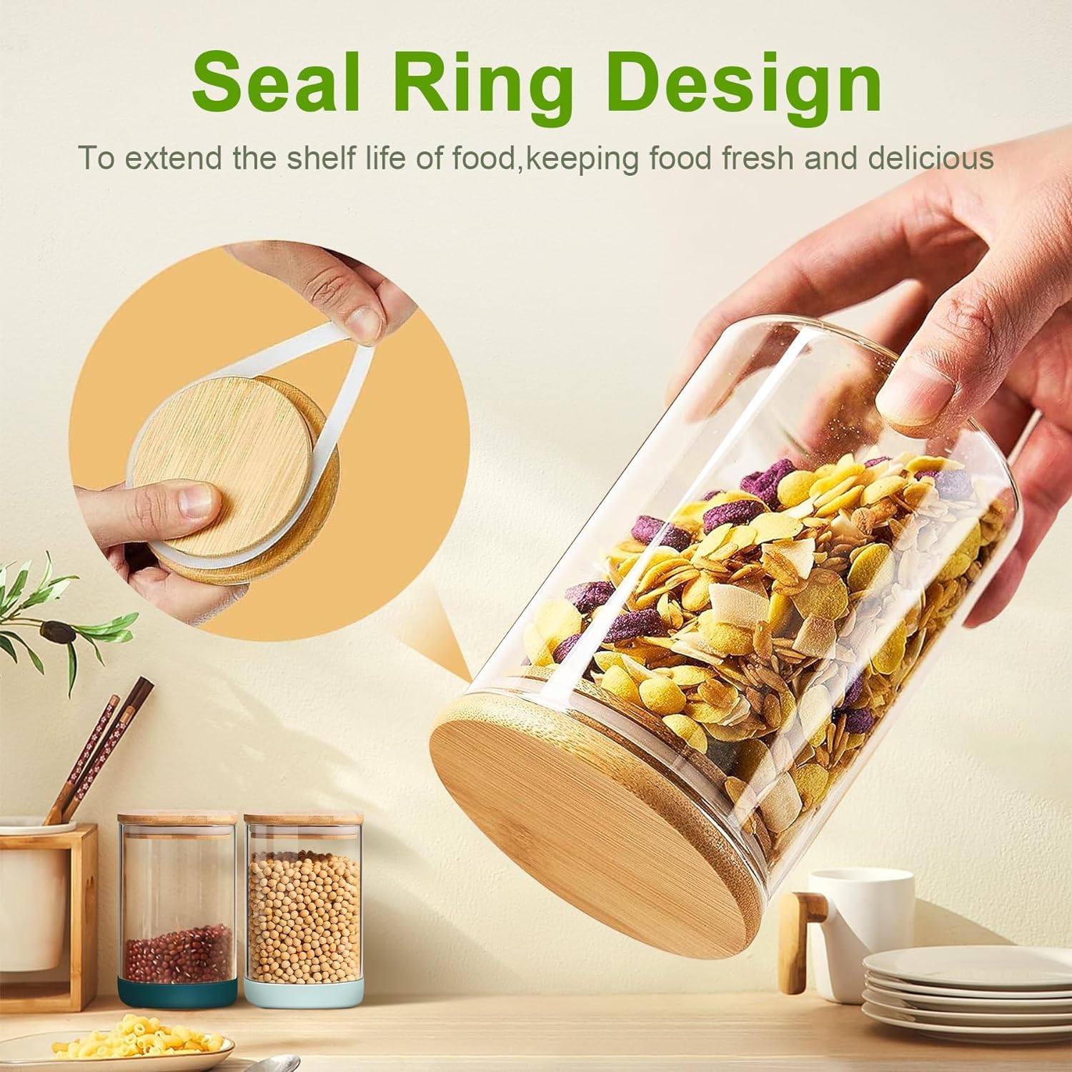 4 Pack Glass Jars with Airtight Bamboo Lid and Spoon, 500ml Overnight Oats Jars, Kitchen Spice Jars Storage Containers, Kitchen Food Storage Canister for Spice, Salt, Sugar, Seeds, Coffee, Nuts etc