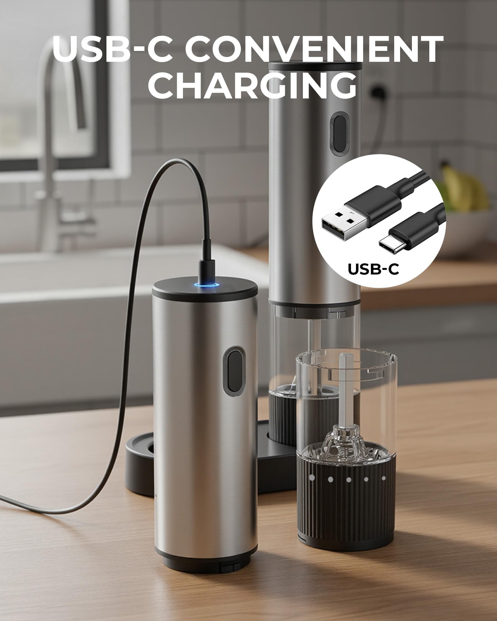 Salt and Pepper Grinder Set, Automatic Salt and Pepper Grinder, USB-C Rechargeable with 5 Adjustable Coarseness, One Hand Operation