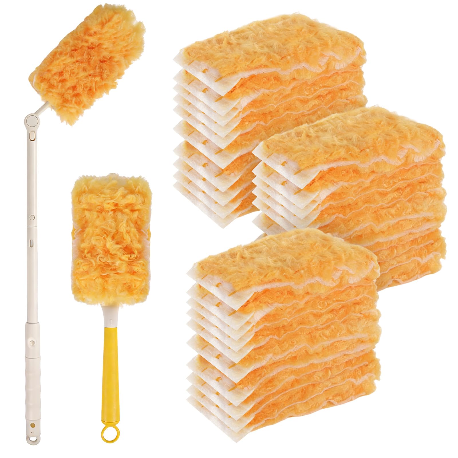 30 Pack Disposable Duster Refills, Heavy Duty Dusting Kit with Handle, 360°Multi-Surface Dust Cleaning Tool for Blinds, Ceiling Fans, Furniture & Hard-to-Reach Areas (Yellow)
