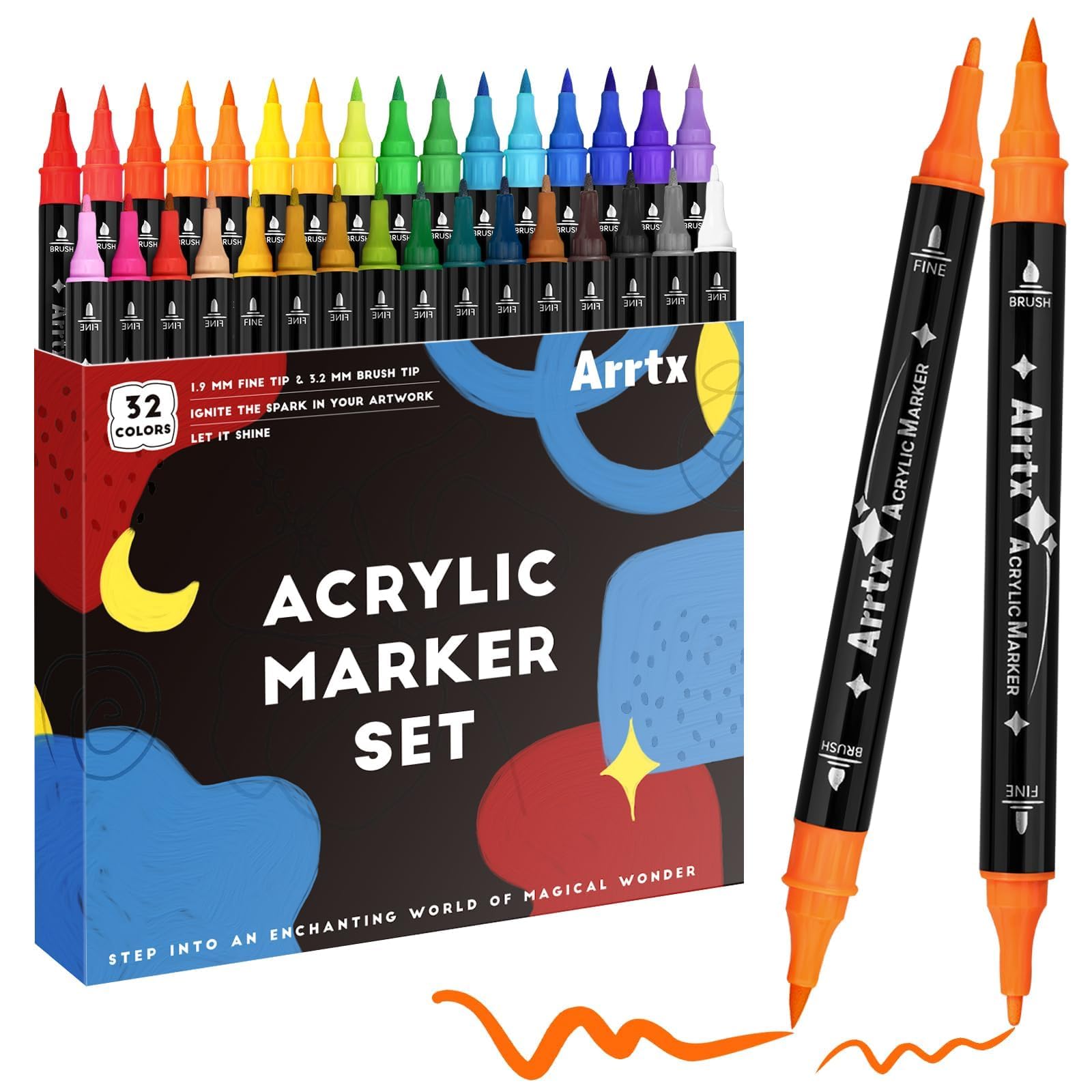 Arrtx Acrylic Paint Pens Markers 32 Colors, Dual Tip Acrylic Markers with Brush Tip and Fine Tip, Art Markers for Rock Painting, Paper, Wood, Canvas, Glass, Ceramic, Stone, DIY Crafts Supplies
