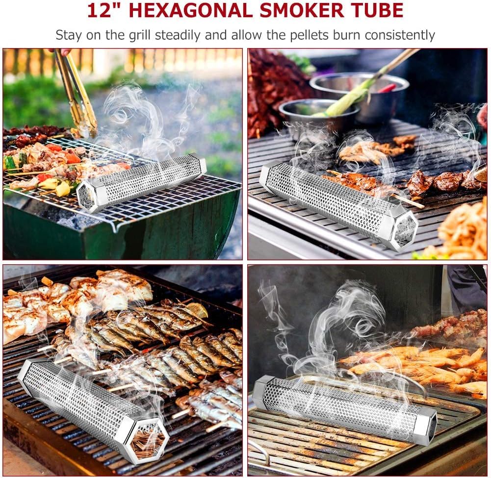 Smoke Tube for Pellet Smoker, 12'' Stainless Steel Pellet Smoker Tube for Cold/Hot Smoking, 5 Hours of Billowing Smoke, Fits All Grill or Smoker, Improved Hexagon Design