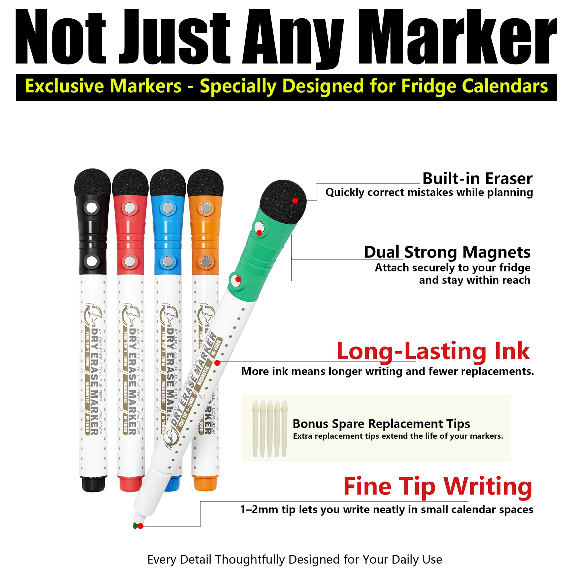 Magnetic Calendar for Fridge, Dry Erase Whiteboard Calendar Monthly Planner, 6-Week Layout, Easy to Clean, Extra-Thick Strong Magnetic Hold, Includes Dual-Magnet Markers & Eraser 43 x 33 cm