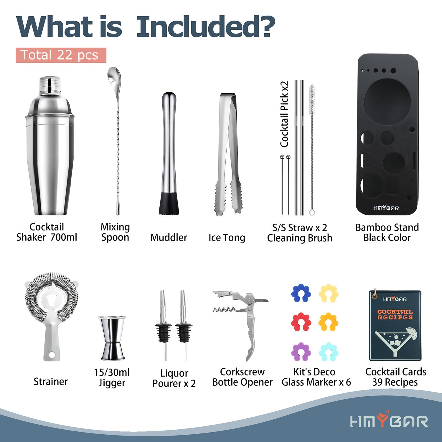 HMYBAR® 22-pc Cocktail Shaker Set(24oz/700ml) | Mixology Bartender Kit | Bar Tool Set | Martini Making Set with 39-Recipe Cocktail Cards & Kit's Deco, Bamboo Stand Black Color, Silver Tools