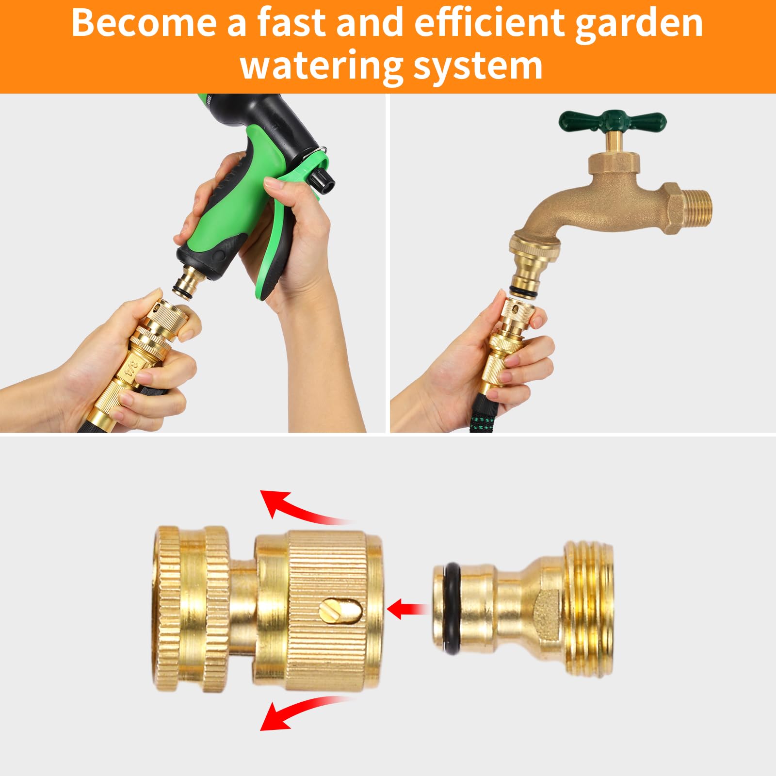 Garden Hose Quick Connect Solid Brass Garden Hose Connector Water Hose Connectors Easy Connect Fittings Standard 3/4 inch GHT, 4 Complete Sets Female & Male, Free Washers & Gaskets
