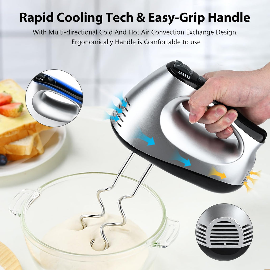 Hand Mixer Electric, Lychee 5 Speed 600W Ultra Power Handheld Mixer with Touch Button, Turbo, Storage Case, 6 Stainless Steel Accessories, Kitchen Aid Mixer for Cake Cookie Egg Cream Dough (Silver)