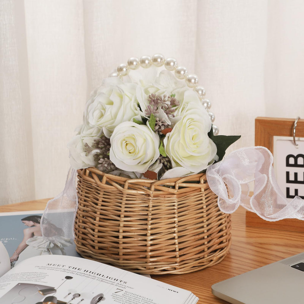 Wicker Rattan Flower Girl Basket Set of 2 Rustic Wedding Flower Girl Basket with Pearl Handle Small Flower Basket for Flower Girl Fairy Wedding Basket Handwoven Easter Baskets for Boys Girls Wedding
