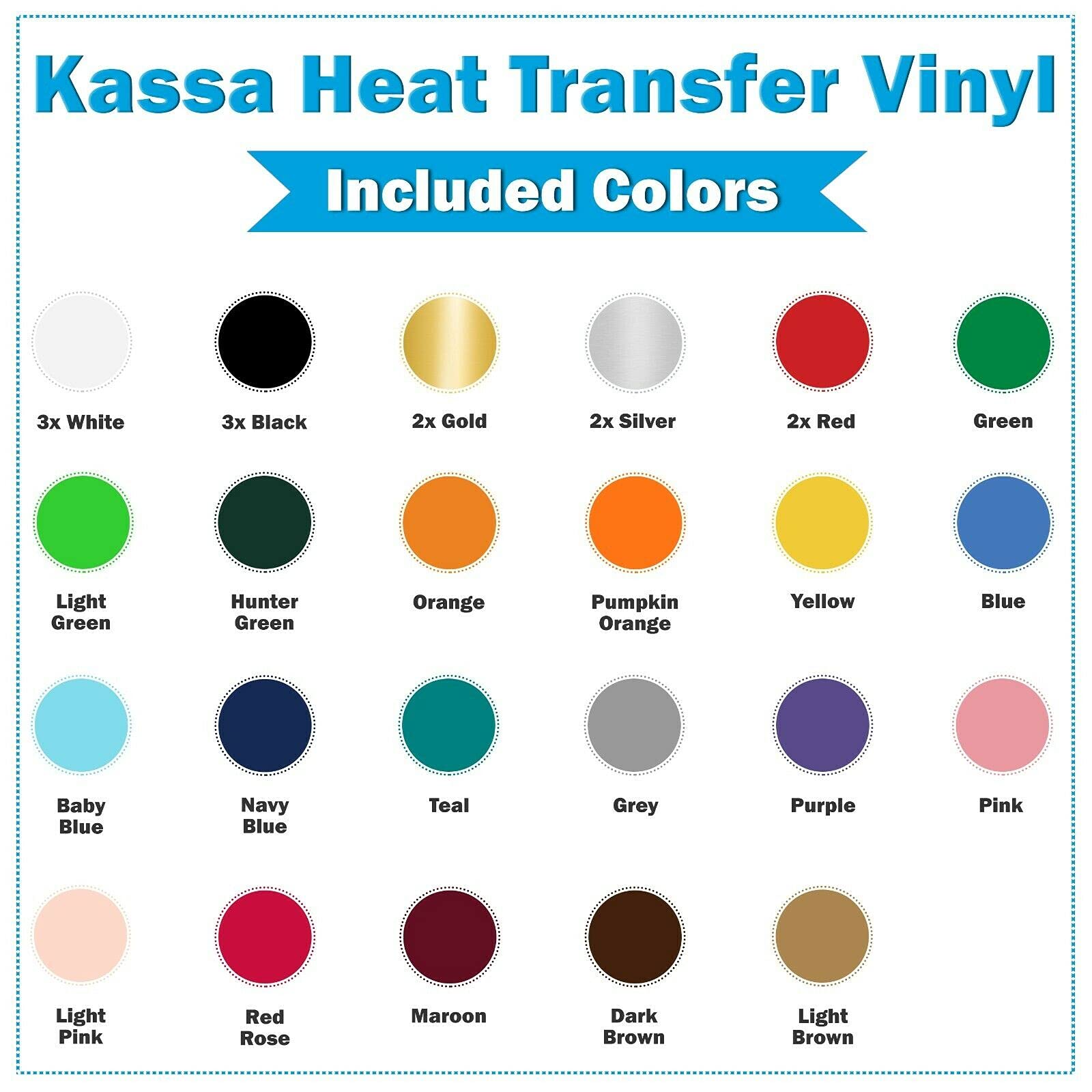 Kassa HTV Assorted Colors Heat Transfer Vinyl: 30 Sheets, 12x10 inches Each; Iron-On or Heat Press Vinyl for T-Shirts, Clothing & Textiles; Includes Teflon Sheet & Weeding Tool for Easy Transfers
