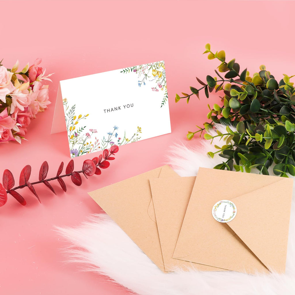 Lemicin 100 Packs Wildflower Thank You Cards with Envelopes -4x6 Inches Thank You Letter Set with Envelopes and Stickers for Birthday Parties Baby Showers Bridal Weddings Graduation Ceremonies