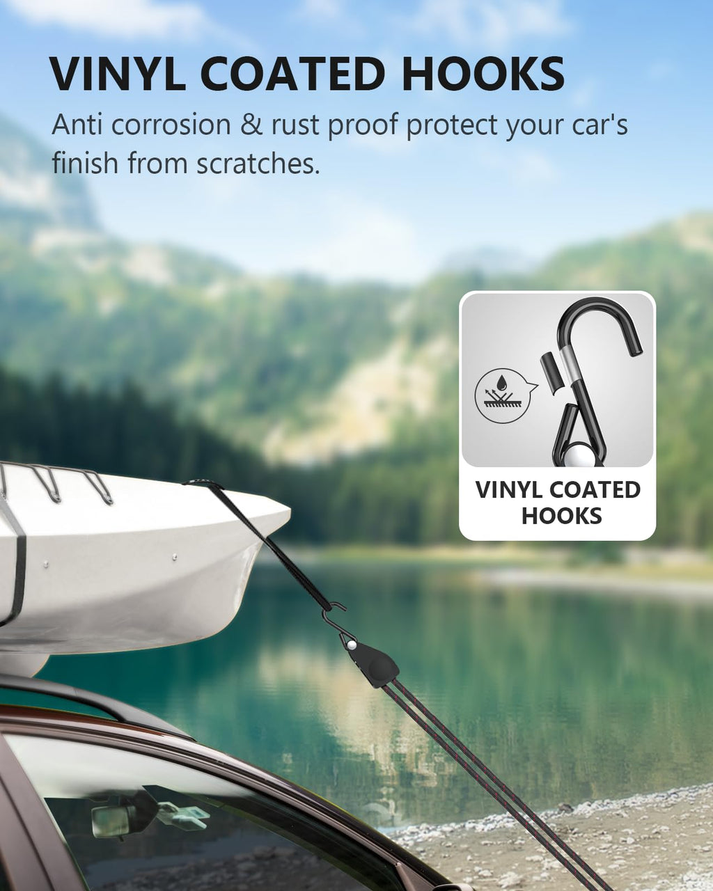 Kayak Tie Down Straps Ratchet, Kayak Straps for Secure Canoe to Roof Racks, Hiking Camping, Boating & Water Activities, Heavy Duty Ratchet Pulley Rope Hanger 2-Pack 1/4" 12FT