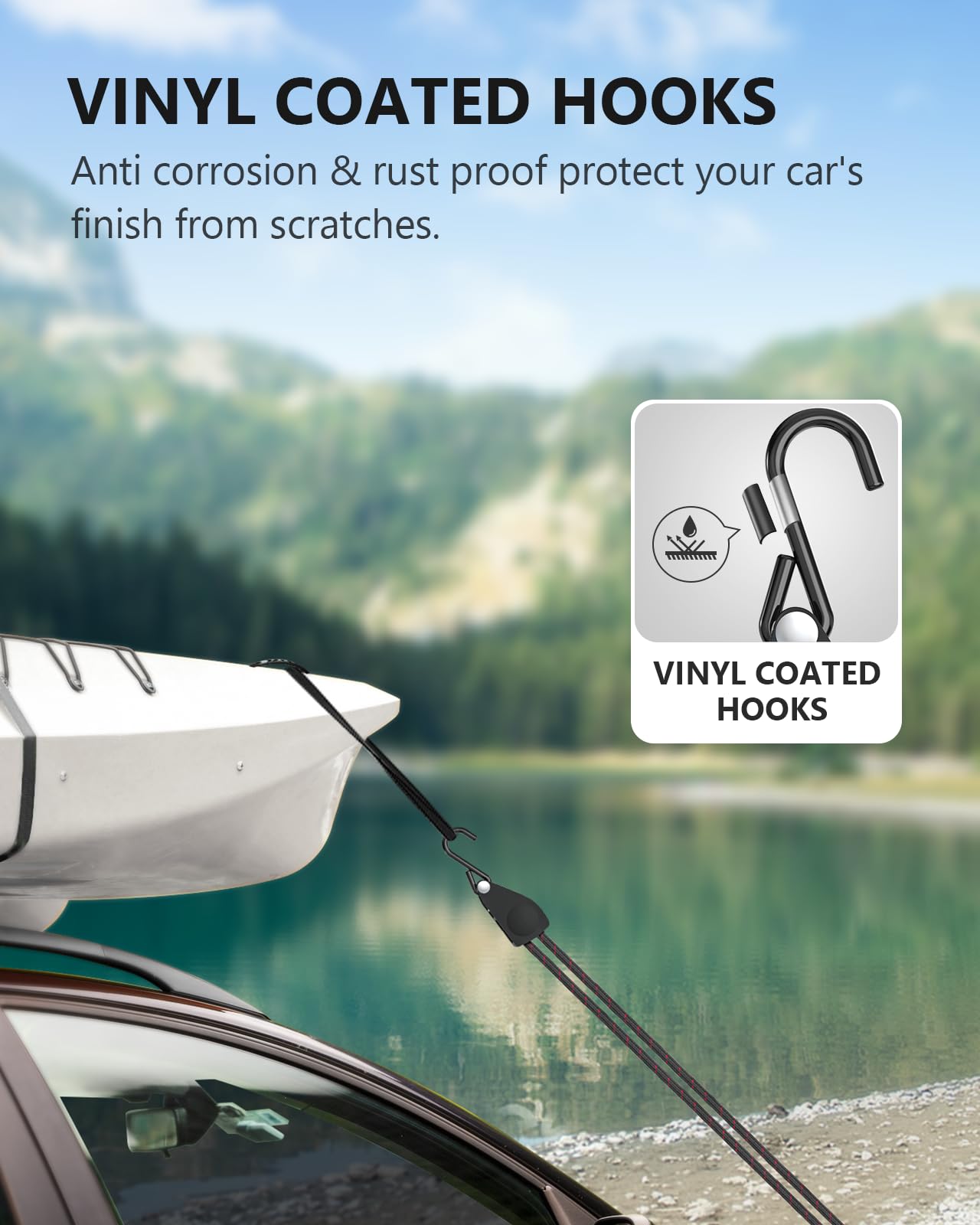 Kayak Tie Down Straps Ratchet, Kayak Straps for Secure Canoe to Roof Racks, Hiking Camping, Boating & Water Activities, Heavy Duty Ratchet Pulley Rope Hanger 2-Pack 1/4" 12FT