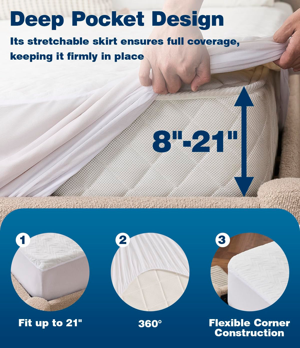 Waterproof Mattress Protector King Size, Soft Breathable Mattress Pad with Deep Pocket 8"-21", Noiseless 3D Air Fabric Cooling Mattress Cover for Bed, Machine Washable, White