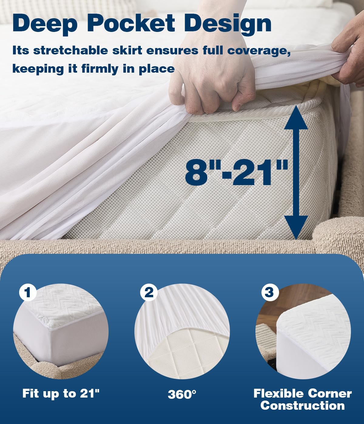 Waterproof Mattress Protector King Size, Soft Breathable Mattress Pad with Deep Pocket 8"-21", Noiseless 3D Air Fabric Cooling Mattress Cover for Bed, Machine Washable, White