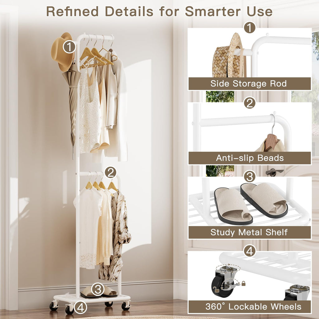 Gasvadivum Small Clothes Rack with Wheels, 71" Portable Rolling Clothing Rack with Bottom Metal Shelf, Garment Rack with Hanging Rod, Sturdy Freestanding Coat Rack for Bedroom, Entryway, White